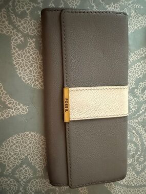 Fossil Gray Wallet with Cream Strap and Gold Accent